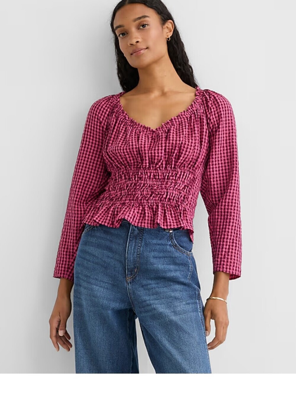 Nwt Loft Gingham Smocked Ruffle Blouse Size Smann